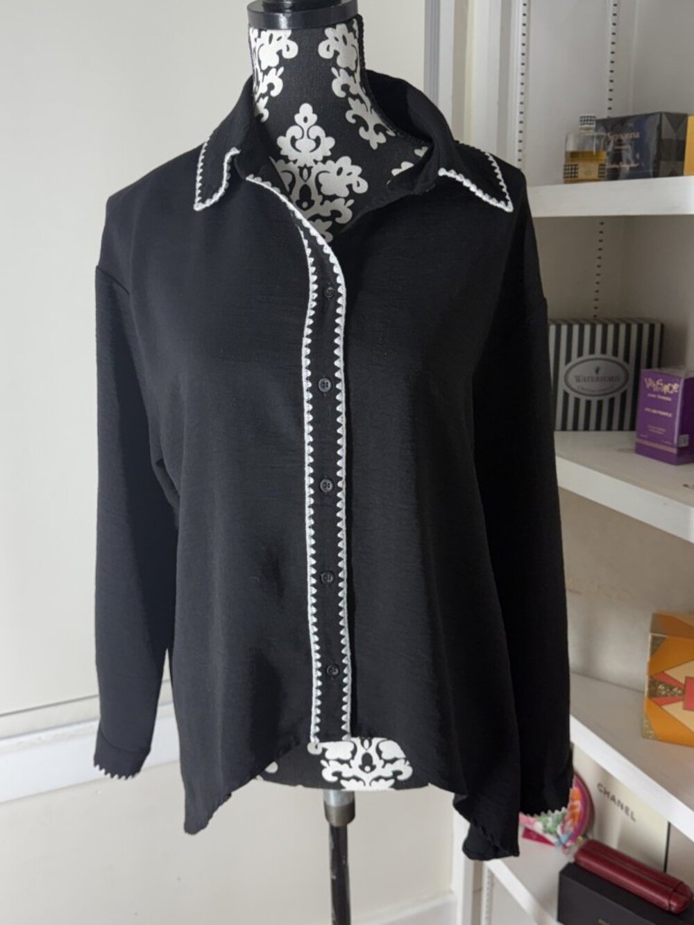 Adrianna Papell M Black W/ White Contrast Womens Button Down Long Sleeve Blouse